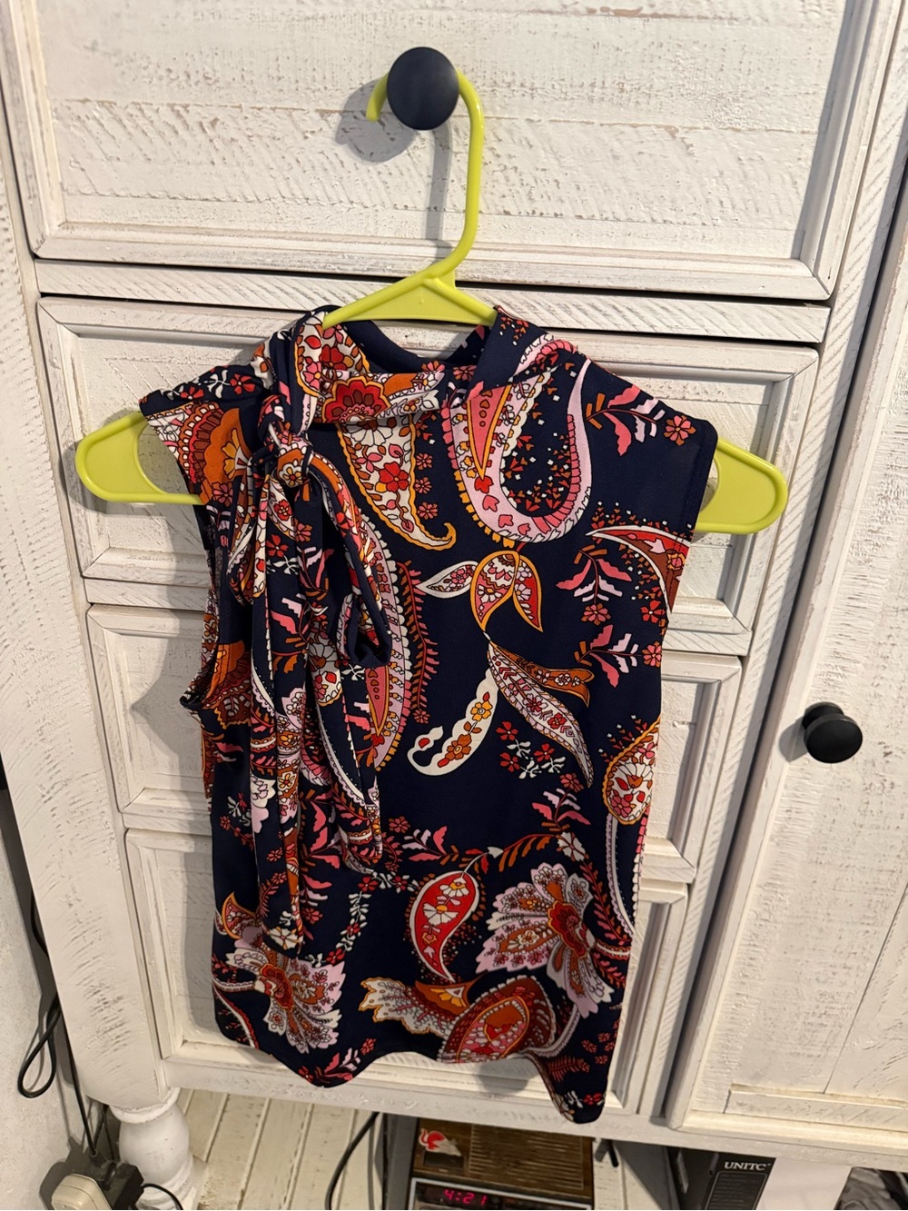 Sleeveless Paisley Tie-Neck Camisole - Navy with Pink & Orange Print